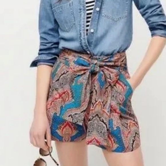 J. Crew Pants - J. Crew paisley high rise single pleat tie front belted dress shorts 8
